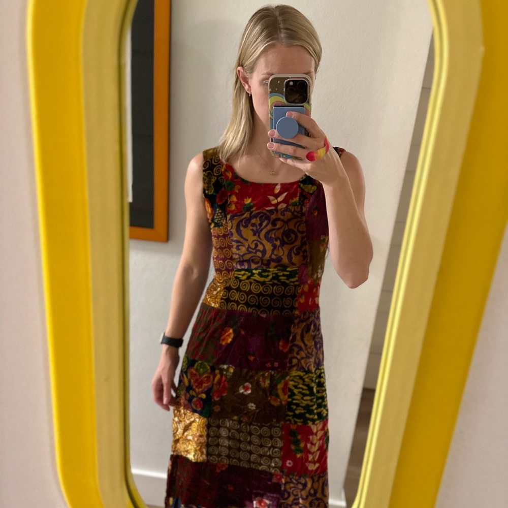 1960s John Meyer of Norwich Velvet Patchwork Sleeveless Hippie Maxi Dress OOAK
